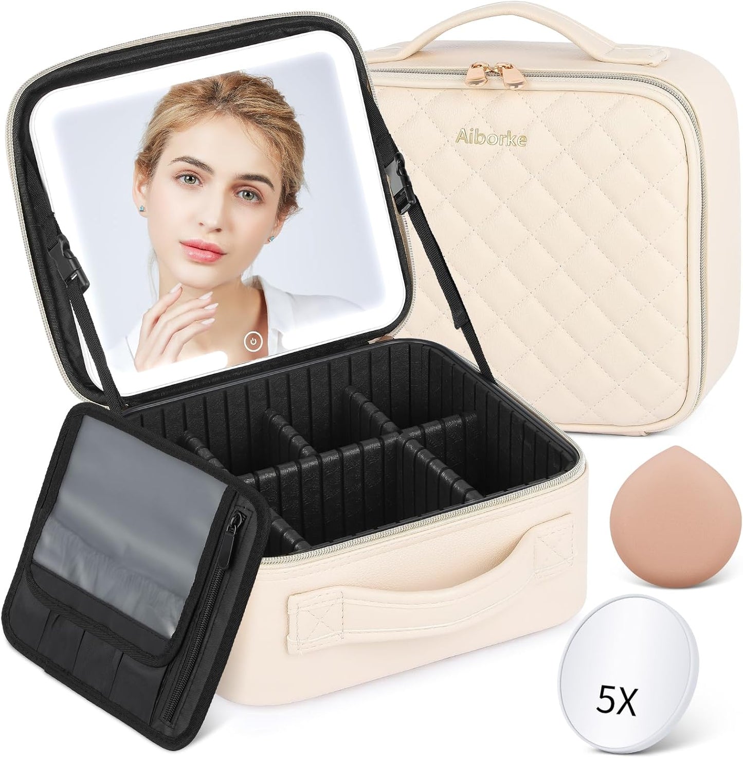 Travel Makeup Bag with Led Mirror Make up Case with Lighted Mirror Cosmetic Organizer Bag with Adjustable Dividers and 5X Magnifying Mirror Makeup Box Organizer Vanity Case for Women (Beige)