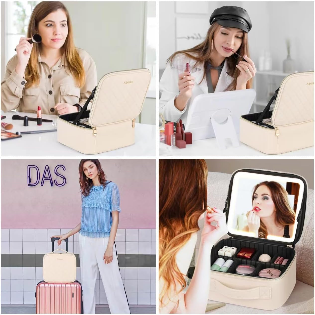 Travel Makeup Bag with Led Mirror Make up Case with Lighted Mirror Cosmetic Organizer Bag with Adjustable Dividers and 5X Magnifying Mirror Makeup Box Organizer Vanity Case for Women (Beige)