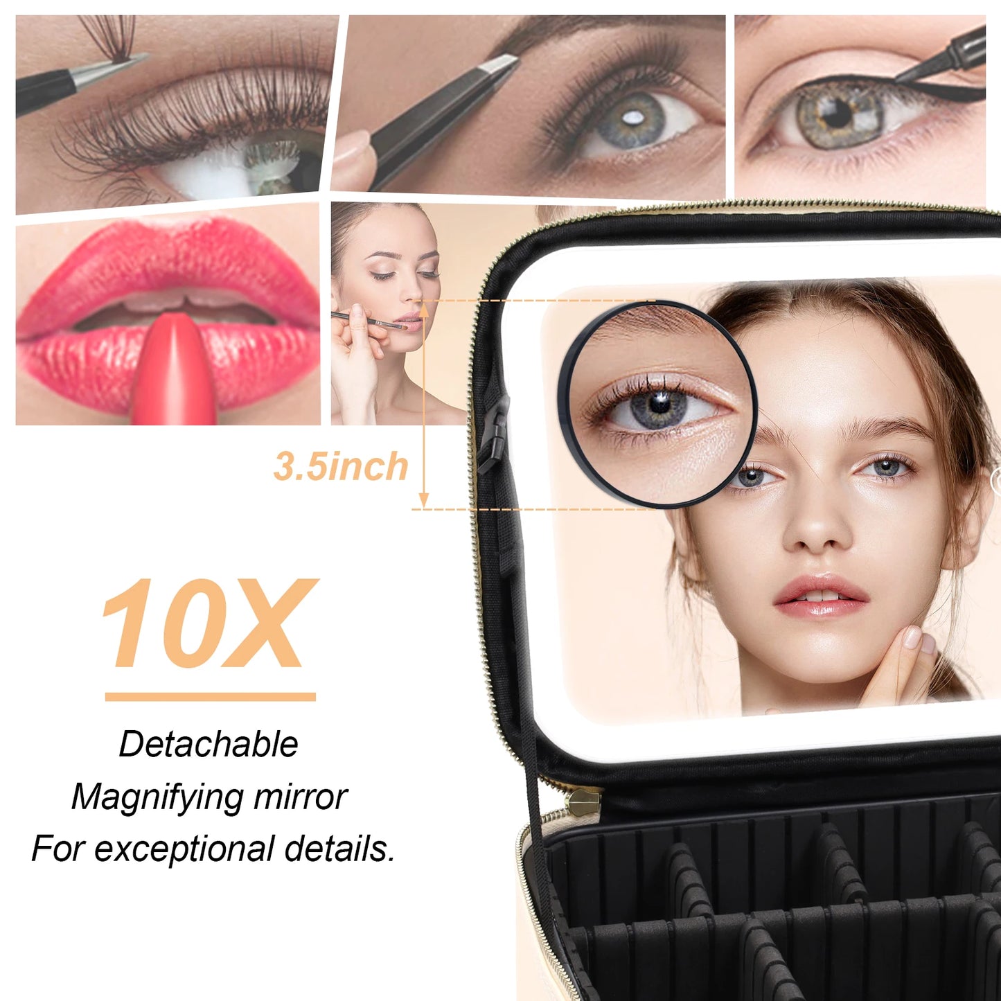 Travel Makeup Bag Mirror of LED with Detachable 10x Magnifying Mirror