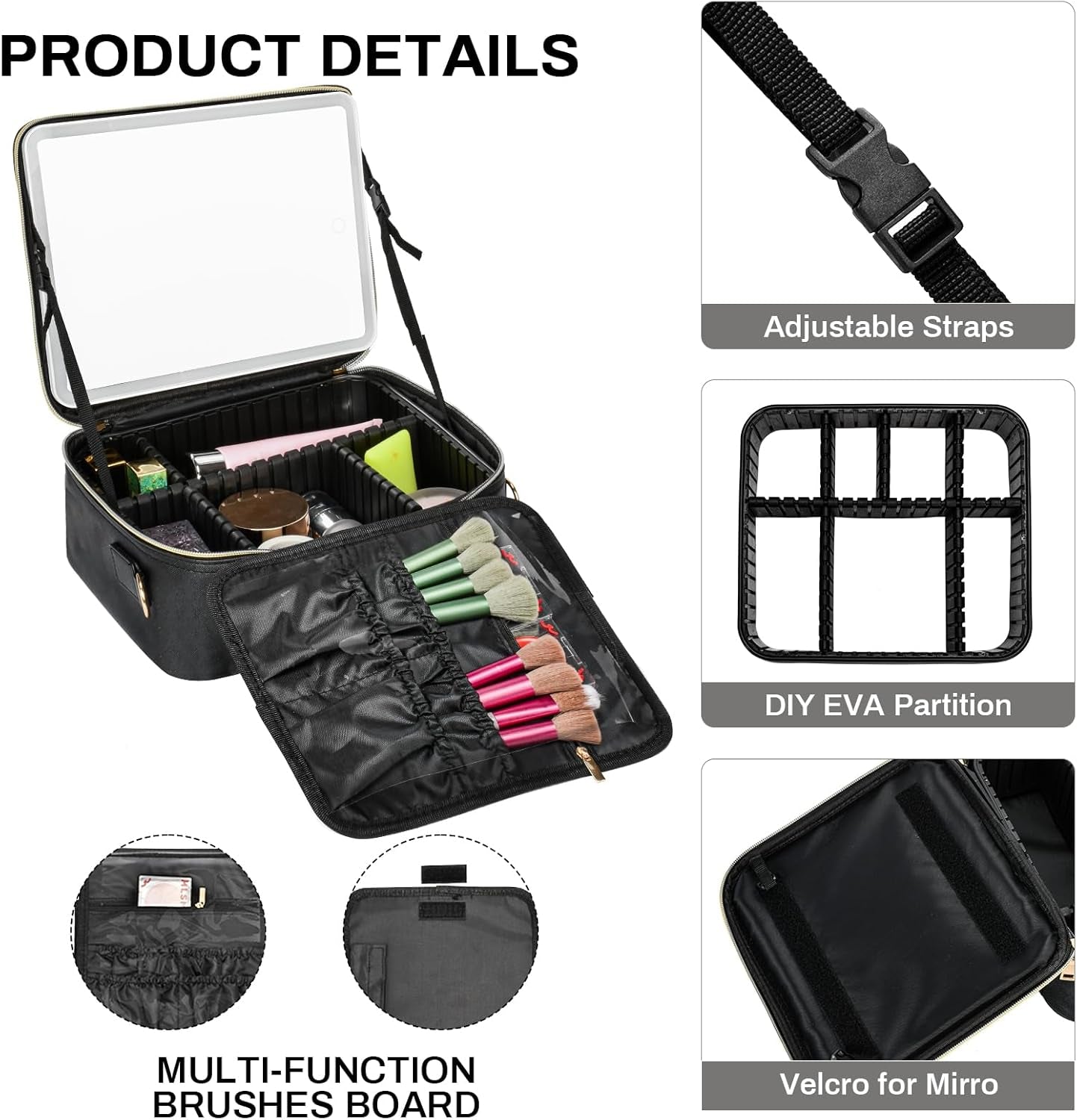 Travel Makeup Bag with Led Mirror and Portable Makeup Train Case Led Bags with Mirror Organizer Bag Travel Gifts for Her Women Bestie Black