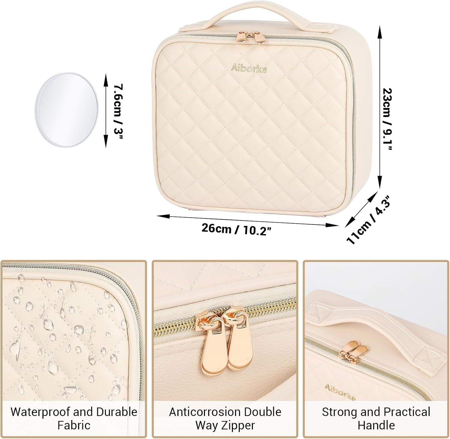 Travel Makeup Bag with Led Mirror Make up Case with Lighted Mirror Cosmetic Organizer Bag with Adjustable Dividers and 5X Magnifying Mirror Makeup Box Organizer Vanity Case for Women (Beige)